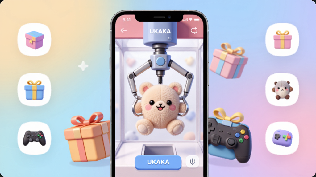 һ��չʾUKAKAץ����������������ֲ廭������Ϊ�ֻ���Ļ����ʾԶ��ץ���޲������棬��Ļ����һֻ��еצ��ץȡ�ɰ�ë����ߣ���Χ������ץ���޻����һ���к���Ϸ�ֱ���Ԫ�أ����ֲ��þ��й�ͼ���ֻ����ڻ������룬���������׺Сͼ�꣬�Ű�ɾ����룬���Ϊ��ƽ����ͨ�Ƽ��磬ϸ�ڰ�����͵Ľ��䱳���������İ�ťUI�ͱ����ë������ʸУ����ʸ��壬����ɾ����޶���Ԫ��