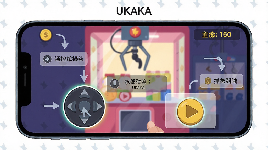 һ��չʾUKAKAʹ�ü��ɵ�ʾ��ͼ������Ϊ�ֻ���Ļ��ץ���޲������棬�����б�ע��ҡ�˿�������ץȡ��ť�ͽ�����������ֲ���ȫ��չʾ�������м�ͷ�����ֱ�ע����Ҫ�㣬���Ϊ�̳����ƽ�廭��ϸ�ڰ���������ʾ�İ�ť����͸���Ĳ�����ʾ��ͱ����е����޻������ʸ��壬����ɾ����޶���Ԫ��