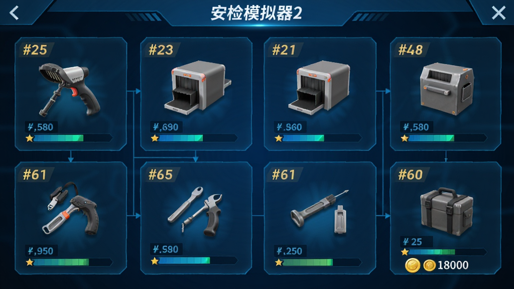 安检模拟器2道具升级界面,画面展示手持金属探测器、X光机、开包工具等装备的升级树,每个装备有等级标识和属性数值,界面风格为科技蓝配色,构图采用卡片式布局,细节包括装备图标、进度条、金币数量,画质清晰,排版整洁