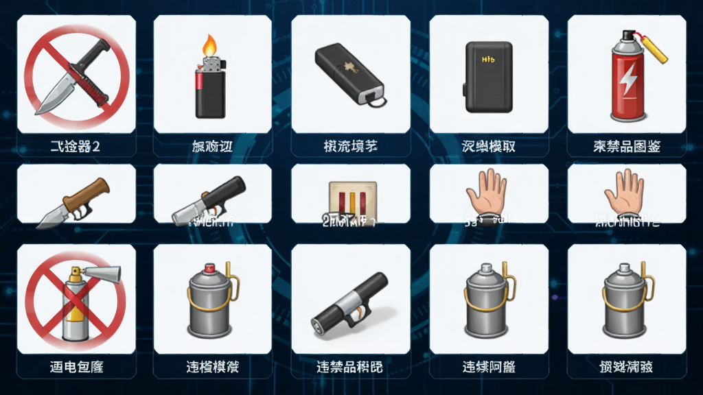 安检模拟器2违禁品图鉴界面,画面以网格形式展示各种违禁物品图标,包括刀具、打火机、充电宝、喷雾罐等,每个图标下方有名称标签,背景为深蓝色科技感底纹,构图整齐排列,风格为扁平化图标设计,细节包括物品的高光与阴影,画质高清,无杂乱元素