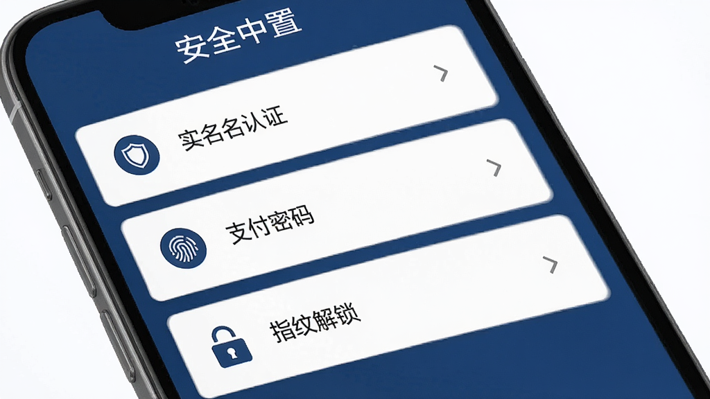 达州一卡通账户安全设置界面图。画面展示手机屏幕上的安全中心页面,包含实名认证、支付密码、指纹解锁等选项。布局为列表式排布,图标清晰。风格为稳重商务风,深蓝色调。细节包括盾牌图标、指纹识别图案、锁形标志。画质高清,干净整洁,无多余元素。