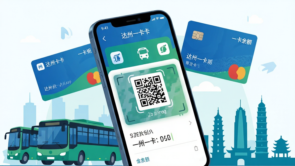 一幅展示达州一卡通手机应用主界面的宣传图。画面中央是一部智能手机,屏幕显示达州一卡通APP的公交扫码页面和余额信息。手机周围环绕着公交车、一卡通卡片和达州城市地标剪影。布局采用中心构图,手机略微倾斜。风格为现代科技感扁平插画,主色调为蓝色和绿色。细节包括清晰的应用图标、二维码图案、公交卡芯片纹理。画质高清,干净明亮,无多余元素。