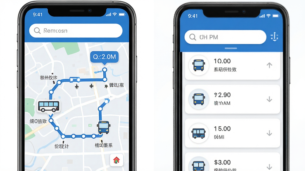 达州一卡通公交线路查询界面图。画面展示手机屏幕上的地图和公交线路列表,有公交车图标沿路线移动。布局为手机界面截图风格,包含搜索框和路线卡片。风格为现代扁平化设计,以蓝色和白色为主。细节包括站点圆点、公交车小图标、时间提示气泡。画质清晰,干净明亮,无多余元素。