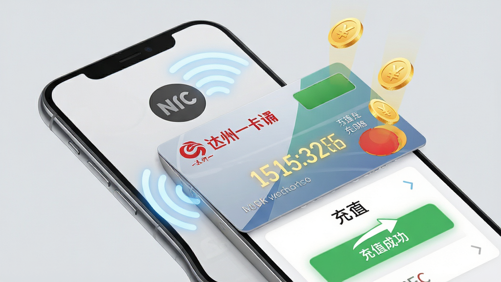 达州一卡通实体卡NFC充值示意图。画面展示一部手机背面贴着公交卡,手机屏幕显示充值金额选项和“充值成功”提示。周围有虚拟的NFC电波符号和金币图标。布局为特写视角,聚焦手机与卡片的接触点。风格为简洁科技风,背景为浅灰色。细节包括卡片上的达州一卡通标志、手机NFC感应区标识、充值的数字跳动效果。画质高清,干净利落,无多余元素。