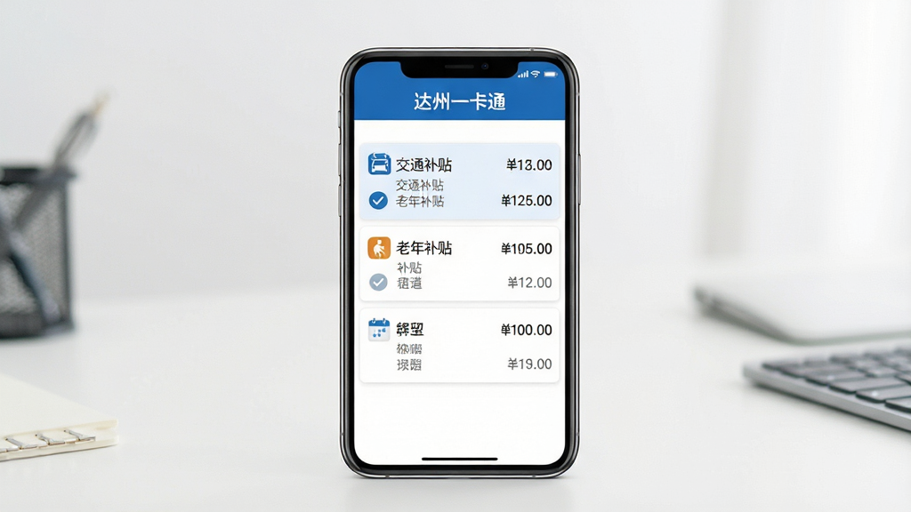 达州一卡通补贴查询功能界面图。画面中央为手机屏幕,显示补贴发放列表,包括“交通补贴”、“老年补贴”等条目和金额。屏幕上方有“达州一卡通”标题栏。布局为正面平视,手机置于桌面。风格为清爽商务风,白色背景,蓝色强调色。细节包括清晰的文字层级、对勾图标、日历图标。画质高清,干净整洁,无多余元素。
