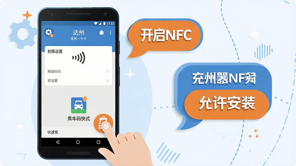 达州一卡通移动端使用攻略示意图。画面展示一部安卓手机,屏幕上显示应用权限设置页面和乘车码快捷方式。手机旁边有一个提示气泡写着“开启NFC”和“允许安装”。布局为左右结构,左侧手机,右侧文字气泡。风格为扁平化教程插画,蓝色和橙色点缀。细节包括设置齿轮图标、NFC符号、手指点击动作。画质清晰,干净整洁,无多余元素。