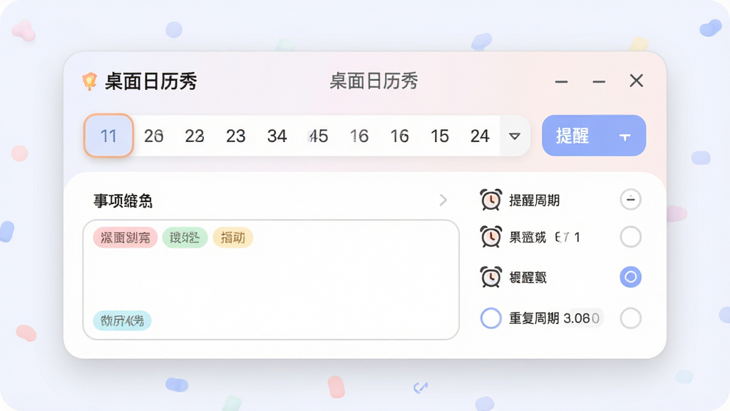 一张软件功能展示图,画面主体是“桌面日历秀”的日程编辑窗口,布局为上方日期选择、下方事项输入框与提醒设置,排版整齐,风格柔和圆角,细节包含彩色标签分类、闹钟图标和重复周期选项,画质清晰,干净,无多余元素