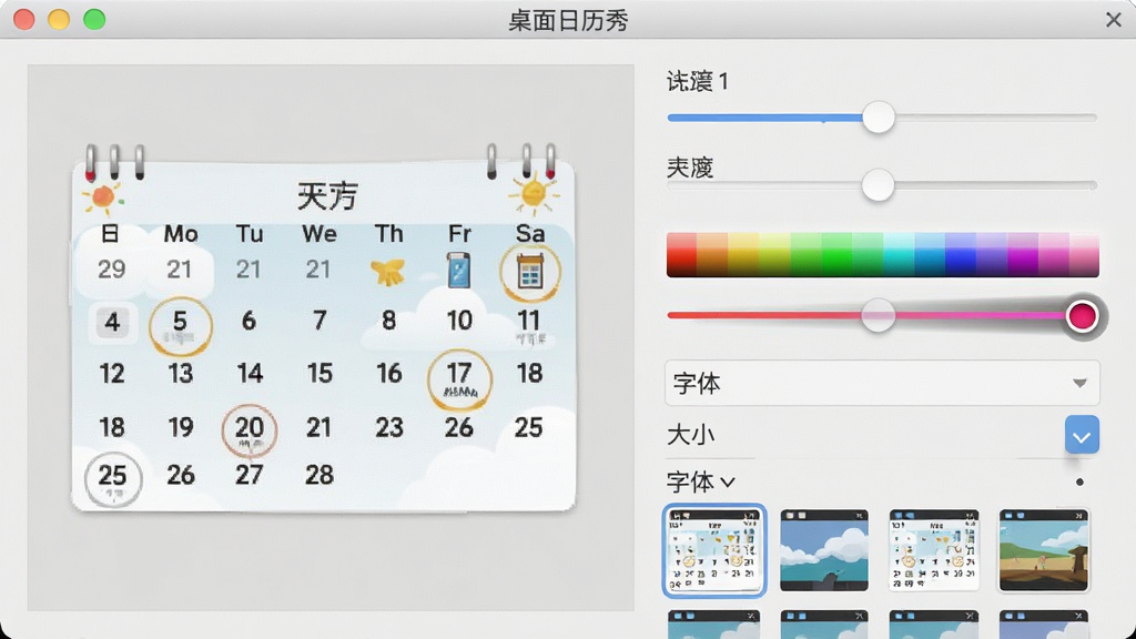 一张软件设置界面截图,画面主体是“桌面日历秀”外观设置面板,布局为左侧预览、右侧滑块与颜色选择器,排版清晰,风格浅灰质感,细节包含透明度滑块、字体大小选项和皮肤缩略图,画质清晰,干净,无多余元素