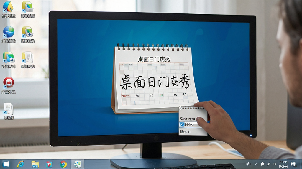 一张电脑故障排查场景图,画面主体是“桌面日历秀”未显示的桌面,布局为壁纸和图标,排版自然,风格写实,细节包含用户正在右键任务栏查看启动项,画质清晰,干净,无多余元素