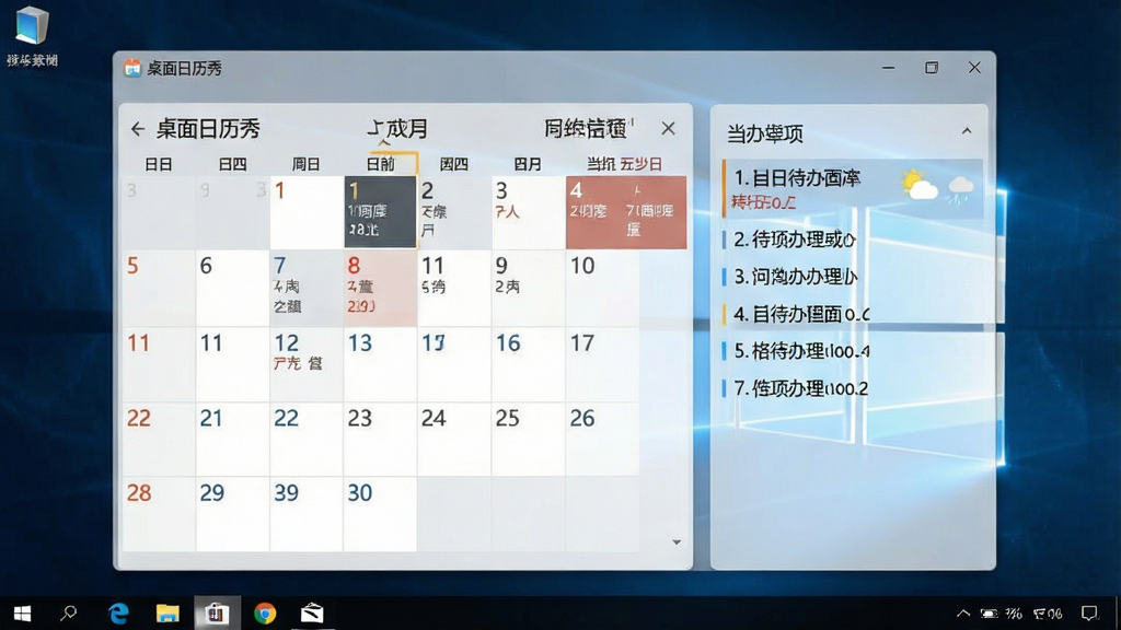 一张Windows电脑桌面截图,画面中央显示“桌面日历秀”软件界面,日历以半透明面板形式悬浮在壁纸之上,左侧显示月历网格,右侧列出当日待办事项,整体布局简洁,排版清晰,风格现代商务,细节包含日期高亮、农历标注和天气小图标,画质清晰,干净,无多余元素