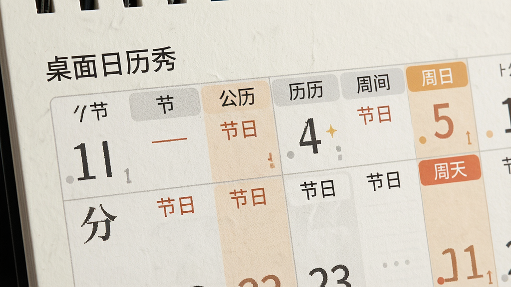 一张桌面日历局部截图,画面主体是“桌面日历秀”日历单元格,布局为公历与农历双行显示,排版紧凑,风格素雅极简,细节包含节气名称、节日标记和周末变色,背景为浅色磨砂质感,画质清晰,干净,无多余元素