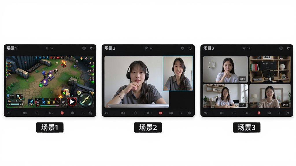 一张拍大师直播助手多场景切换功能的示意图,画面中显示三个并排的场景缩略图窗口,每个窗口展示不同的直播画面布局,包括游戏全屏、摄像头画中画、图文叠加等模式,界面风格为深色主题,带有中文标签