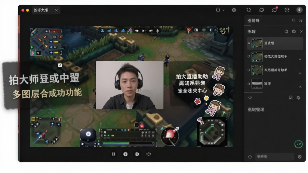 一张拍大师直播助手画中画与多图层合成功能的示意图,画面中显示一个直播画面预览窗口,底层是游戏画面,上层叠加了摄像头人像小窗口,旁边还有文字标题和装饰贴纸图层,界面右侧有图层管理面板,整体风格为深色专业风,中文界面,画面干净整洁,高清画质
