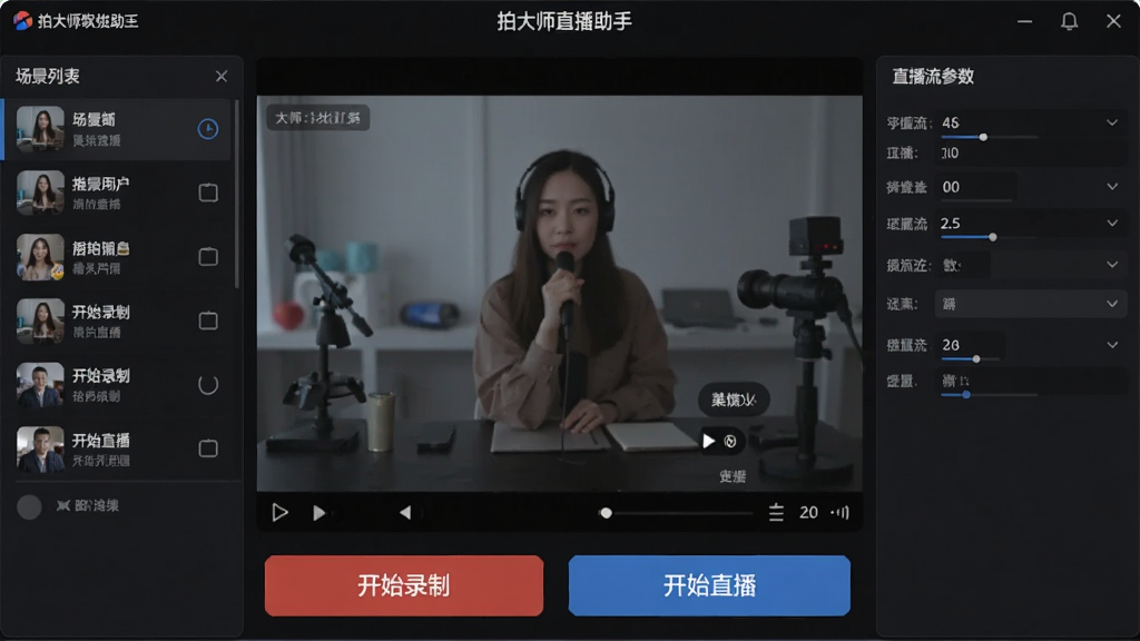一张展示拍大师直播助手软件主界面的全景图,画面中央是软件操作面板,左侧为场景列表区域,右侧为直播推流参数设置区域,底部有开始录制和开始直播两个醒目按钮,整体布局清晰,采用深色科技风格,界面文字为中文,画面干净整洁,无多余元素,高清画质