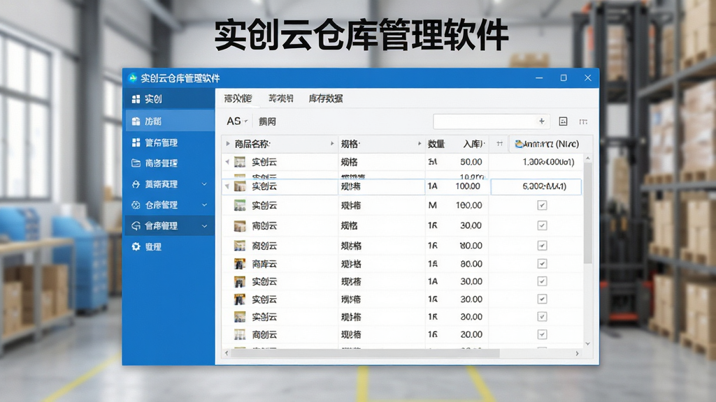 实创云仓库管理软件主界面全景展示,画面中央为软件窗口,窗口内包含左侧功能导航栏、顶部菜单栏和右侧库存数据表格,表格中显示商品名称、规格、数量、入库时间等字段,软件名称“实创云仓库管理软件”以标题形式显示在窗口顶部,整体布局清晰规整,采用蓝色与白色为主的商务风格,界面干净无多余元素,画质清晰,2K分辨率,适合软件下载站展示图