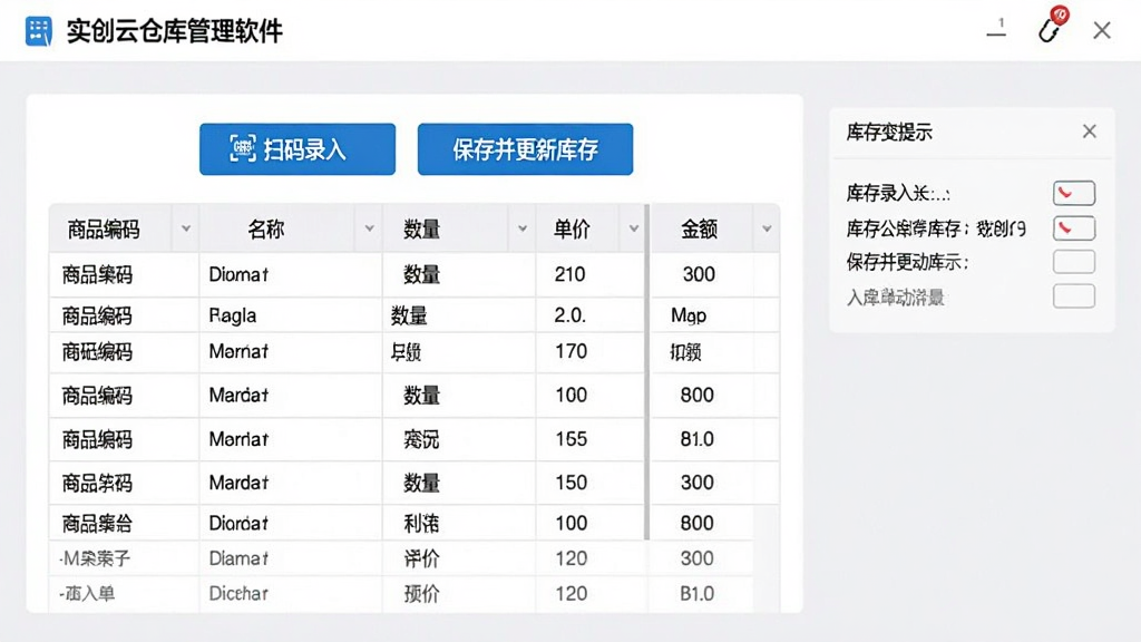 实创云仓库管理软件出入库单据录入界面,画面中央为一张入库单表格,包含商品编码、名称、数量、单价、金额等列,表格上方有“扫码录入”按钮和“保存并更新库存”按钮,界面右侧显示库存变动提示,整体采用浅灰色背景与蓝色按钮,风格干净利落,画质清晰