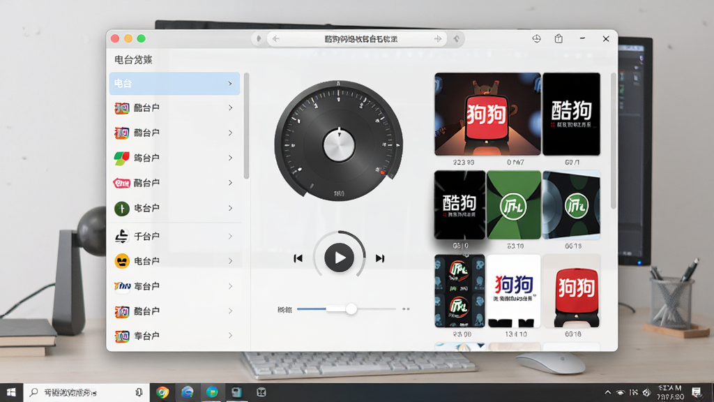 酷狗网络收音机软件主界面全貌展示,主体为电脑桌面上的收音机应用窗口,布局左侧为电台分类列表,右侧为播放控制区和电台封面展示,排版清晰直观,风格现代简约科技感,细节包含调频刻度盘元素、播放按钮、音量滑块和电台logo墙,画质高清,干净整洁,无多余元素