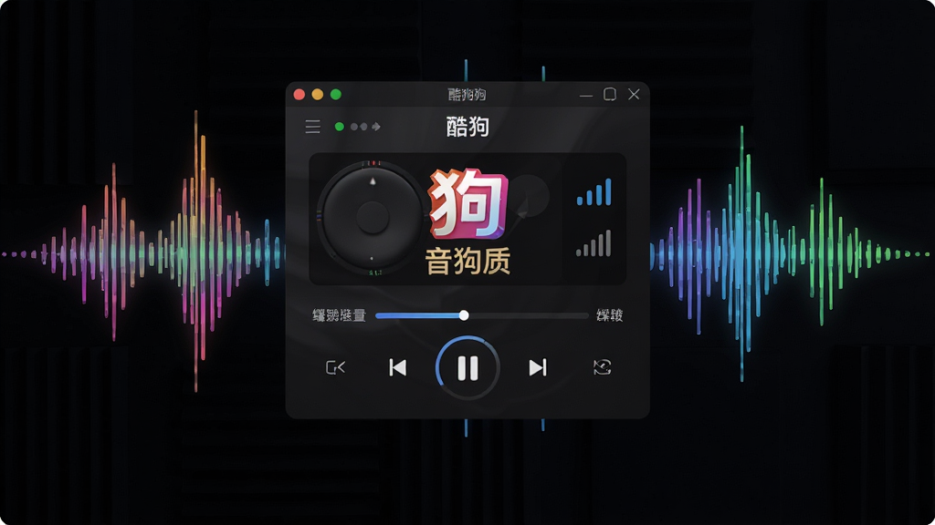 酷狗网络收音机高音质播放场景,主体为软件播放界面配合声波可视化效果,布局为中央播放器加周围频谱跳动动画,排版简洁聚焦,风格动感现代,细节包含高音质标识、缓冲进度条、信号强度图标,画质高清,干净无多余元素