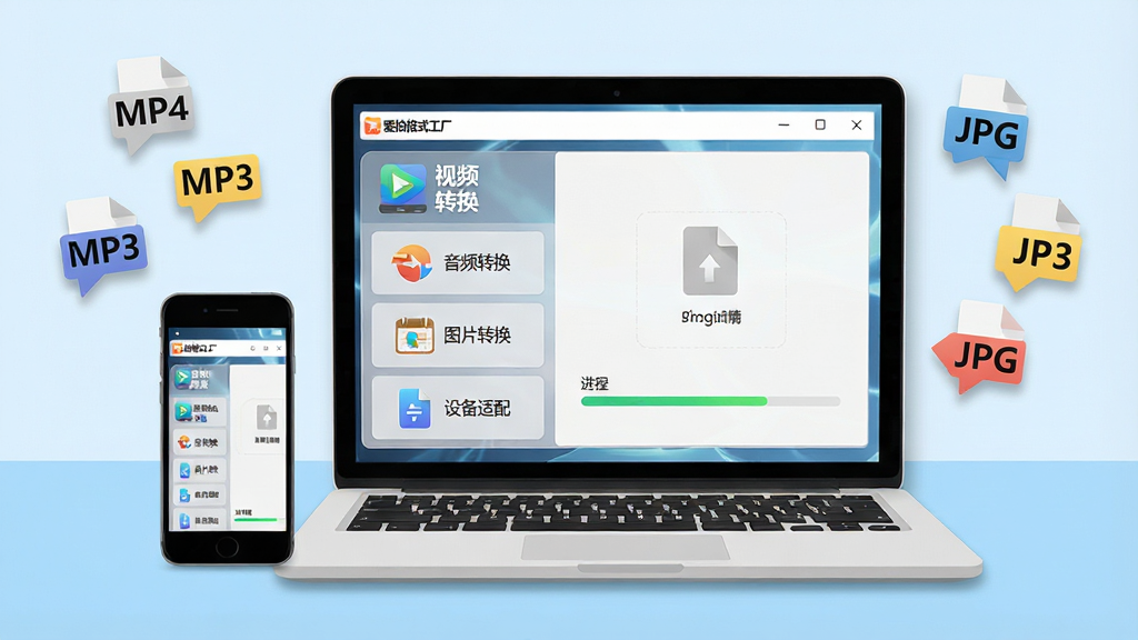 画面中央放置一台打开的笔记本电脑和一部智能手机,屏幕上显示“爱拍格式工厂”软件界面,左侧是视频转换、音频转换、图片转换、设备适配等分类图标,右侧是文件拖拽区域和进度条,背景是干净整洁的浅蓝色桌面,周围漂浮着MP4、MP3、JPG等格式标签,风格为现代扁平化科技风,细节包括柔和的投影和整齐的图标排列,画质清晰明亮,整体干净无多余元素