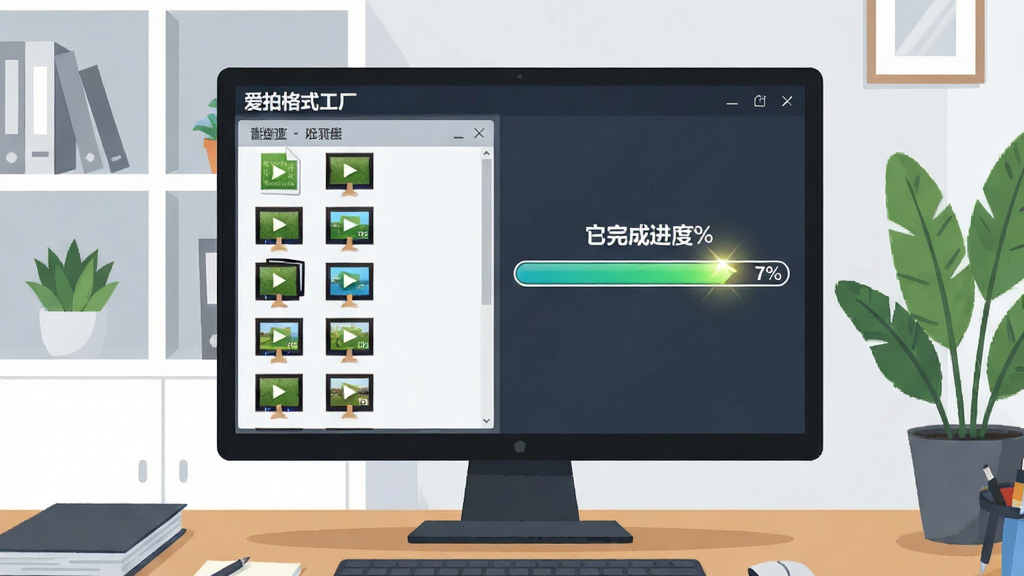 一个忙碌的办公桌上摆放着显示器,屏幕上“爱拍格式工厂”正在批量转换多个文件,左侧列表显示十个视频文件排队等待,右侧进度条显示已完成百分之七十,背景是简约的白色书架和绿植,风格为清爽商务插画风,细节包括文件图标整齐排列和进度条上的高光效果,画质干净利落,无多余装饰元素