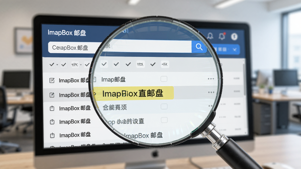 一个放大镜聚焦在电脑屏幕上的邮件列表,屏幕上显示