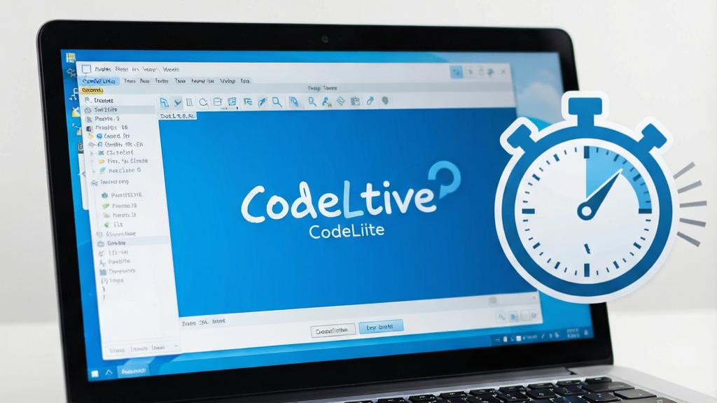 一台笔记本电脑屏幕特写,屏幕上 CodeLite 软件正在启动,启动画面简洁明快,旁边有秒表图标示意速度很快。整体风格清爽科技感,蓝白配色,画面干净,画质清晰,无多余元素。