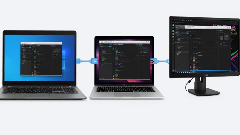 三台不同设备并排展示,分别是Windows笔记本、MacBook和Linux台式机显示器,三台屏幕上都运行着 CodeLite 界面,中间有连接线示意跨平台同步。画面风格简洁科技感,浅色背景,画质清晰,无多余元素。