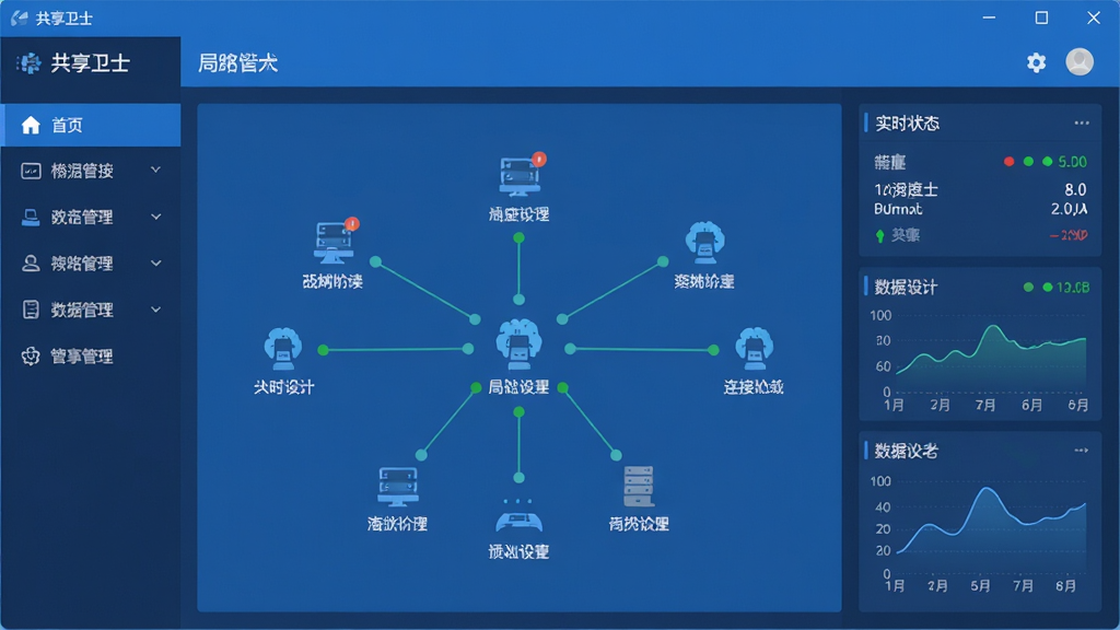 共享卫士软件界面主窗口,主体为蓝色调网络管理仪表盘,布局中央显示局域网设备连接拓扑图,左侧为功能导航栏,右侧为实时网络状态面板,排版简洁清晰,风格为现代科技扁平化设计,细节包含设备图标、连接线条、状态指示灯、数据流量曲线,画质高清,干净,无多余元素