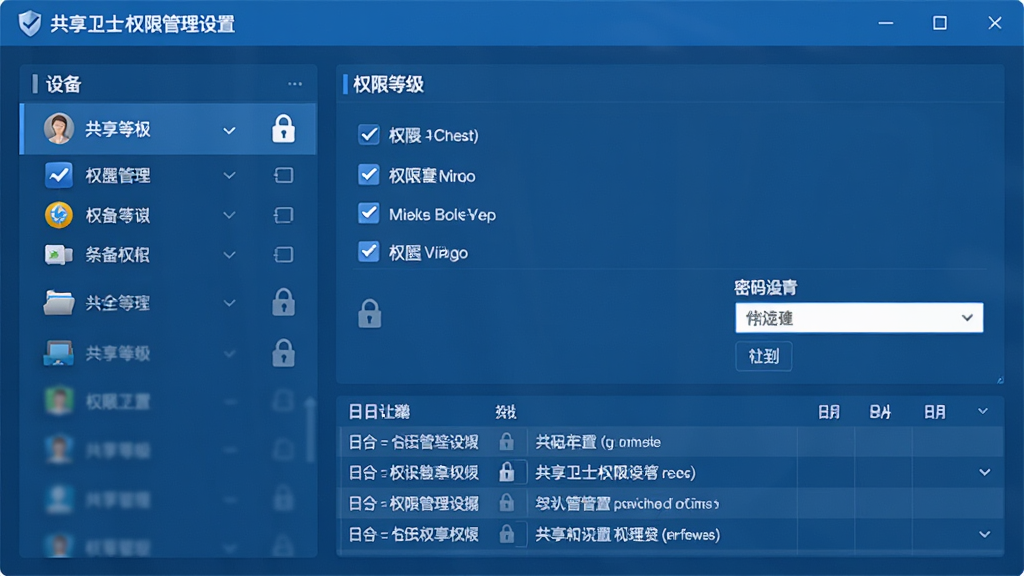 共享卫士权限管理设置界面图,主体为软件权限配置面板,布局左侧为设备列表,右侧为权限选项复选框和密码设置框,排版为左右分栏结构,风格为专业商务蓝色调,细节包含权限等级图标、锁形标志、日志记录表格,画质高清,干净,无多余元素