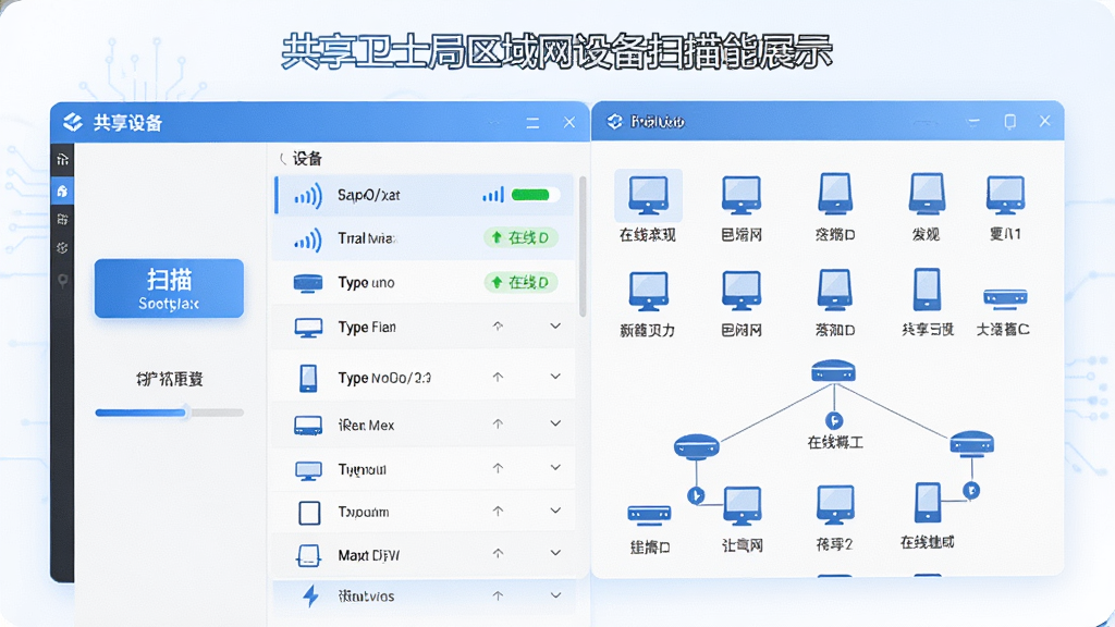 共享卫士局域网设备扫描功能展示图,主体为软件界面中设备列表和拓扑图,布局左侧显示扫描按钮和进度条,右侧展示已发现设备图标阵列,排版整齐有序,风格为清爽蓝色科技风,细节包含信号强度指示、设备类型图标、在线状态标签,画质高清,干净,无多余元素