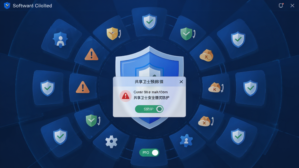 共享卫士安全防护预警界面图,主体为软件安全中心面板,布局中央显示安全评分和预警弹窗,周围环绕防护功能图标,排版为环形放射状布局,风格为安全盾牌蓝色调,细节包含盾牌图标、警告三角标志、防护开关按钮,画质高清,干净,无多余元素