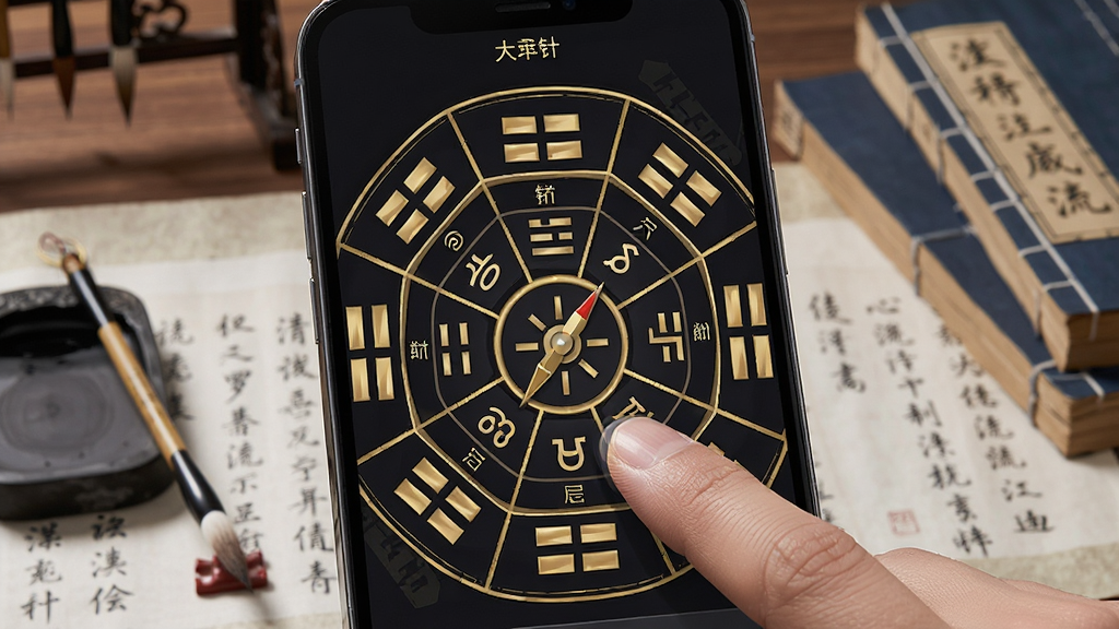 手机屏幕特写,展示大宇罗盘指南针软件中传统罗盘数字化界面,多个同心圆环层层嵌套,每一圈标注着八卦、二十四山、六十四卦等文字和符号,金色线条与深色背景形成鲜明对比,手指正在滑动屏幕查看细节,背景为古代书房场景,有毛笔、砚台和风水古籍,风格古典雅致,排版以手机屏幕为中心,画质精细,干净无多余元素