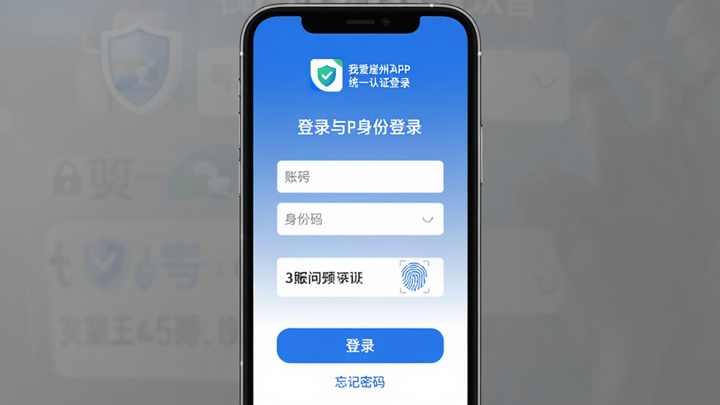 我爱崖州湾APP统一认证登录界面图,主体为手机屏幕展示账号登录与身份认证页面,布局上方为软件Logo与欢迎语,中部为账号密码输入框与验证码区域,下方为登录按钮与忘记密码链接,排版居中对称,风格为简约商务蓝白渐变,细节包含盾牌安全图标与指纹识别标识,画质高清干净无多余元素