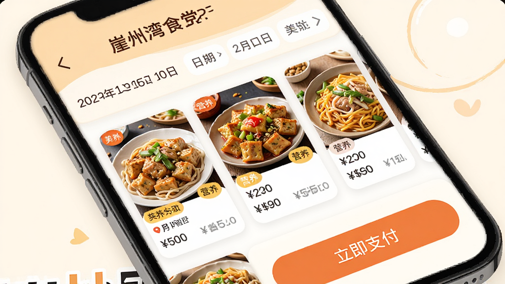 我爱崖州湾APP食堂就餐功能界面图,主体为手机屏幕展示食堂菜单列表与取餐二维码,布局上方为食堂名称与日期选择,中部为菜品卡片含图片与价格,下方为立即支付按钮,排版简洁明了,风格为清新暖色调美食主题,细节包含菜品缩略图与营养标签,画质高清干净无多余元素