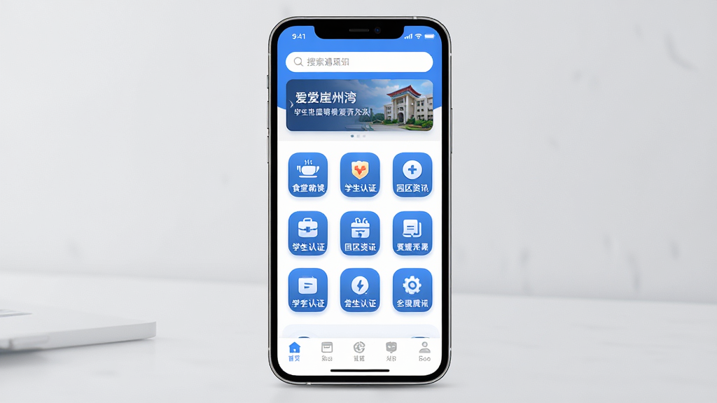 我爱崖州湾手机APP界面展示图,主体为一部智能手机正面竖屏展示软件首页,布局上方为搜索框与轮播通知栏,中部为九宫格功能图标含食堂就餐、学生认证、园区资讯等,下方为底部导航栏,排版整齐清晰,风格为现代扁平化科技蓝白配色,细节包含圆角图标与柔和阴影,画质高清干净无多余元素
