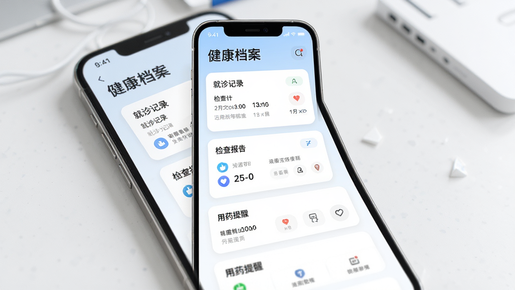 一码直付健康档案管理界面,画面展示手机屏幕中个人健康档案页面,包含就诊记录、检查报告、用药提醒等模块,背景为白色与浅蓝色搭配,布局采用纵向列表与卡片结合,风格现代简洁,画质高清细腻,无多余元素