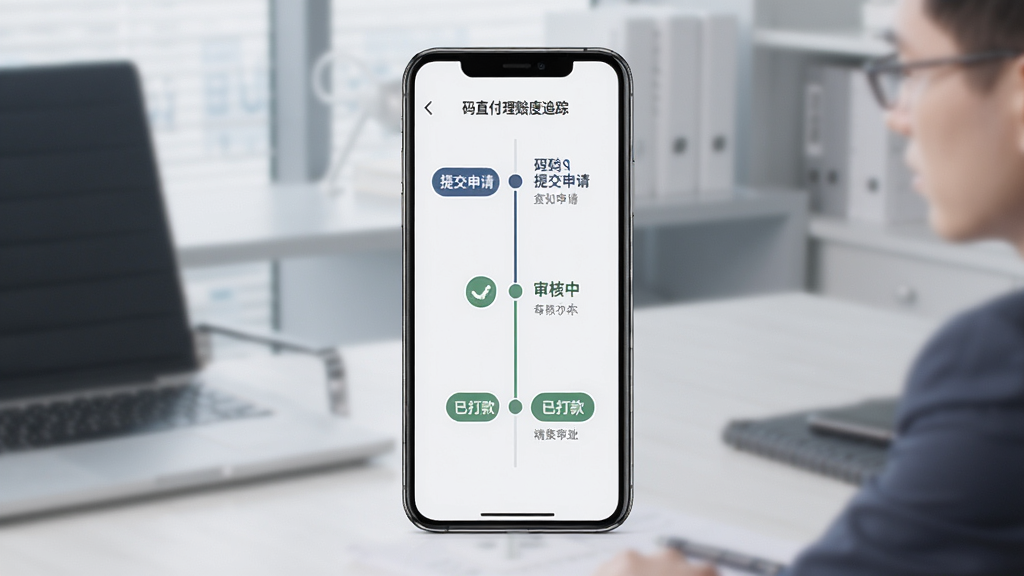 一码直付理赔进度追踪页面,画面中央手机屏幕显示理赔时间轴,包含提交申请、审核中、已打款等节点,背景为浅灰色商务风格,布局采用纵向时间线设计,风格专业简洁,画质清晰干净,无多余元素