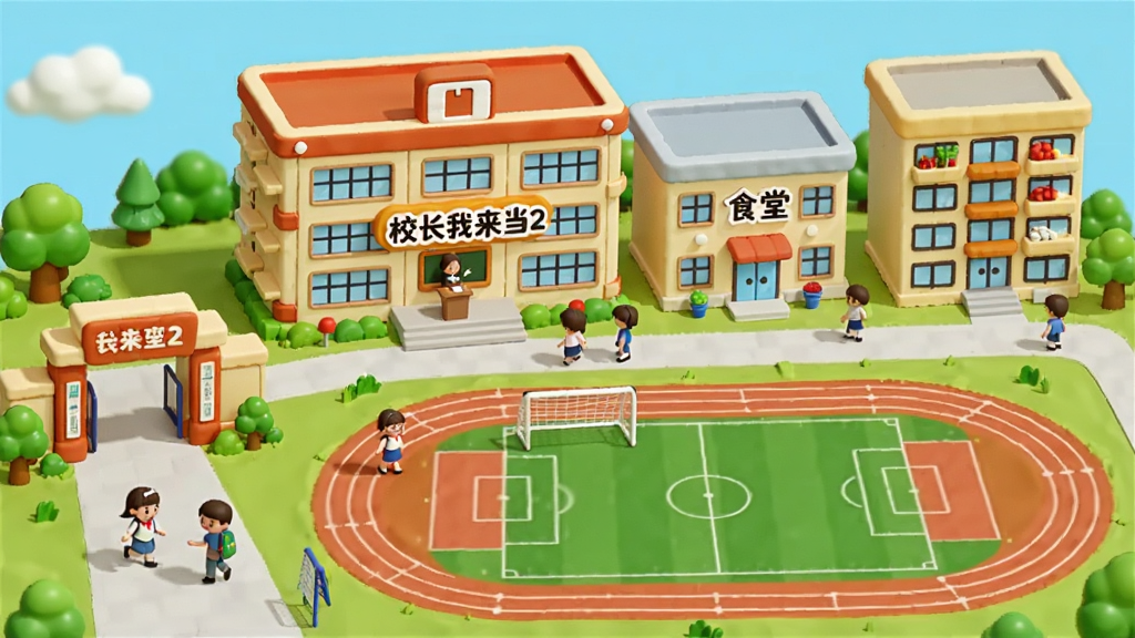 画面中央是一所卡通风格的校园全景,主体为三层教学楼与操场,布局从左到右依次为校门、教学楼、食堂、宿舍楼,排版采用横版俯视视角,风格为明亮可爱的2D卡通插画,细节包括学生小人走动、老师站在讲台、操场上有足球门和跑道,画面中文字标注“校长我来当2”,画质清晰干净,无多余元素