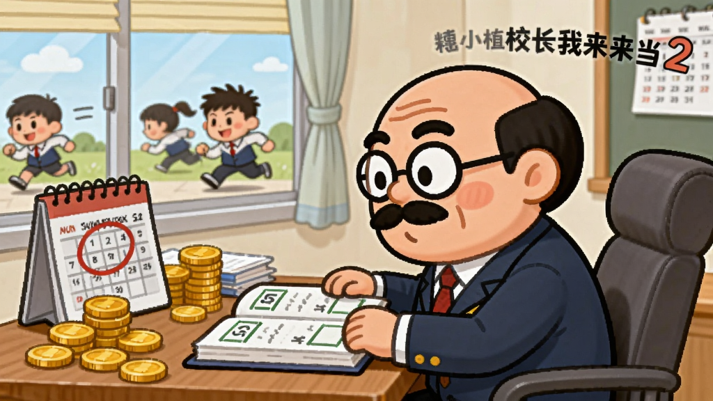 画面主体为卡通校长坐在办公桌前看着账本,布局为办公室场景,排版采用侧面视角,风格为轻松幽默的卡通插画,细节包括桌上堆着金币、日历上画着红圈、窗外学生在跑动,画面中文字标注“校长我来当2”,画质清晰干净,无多余元素