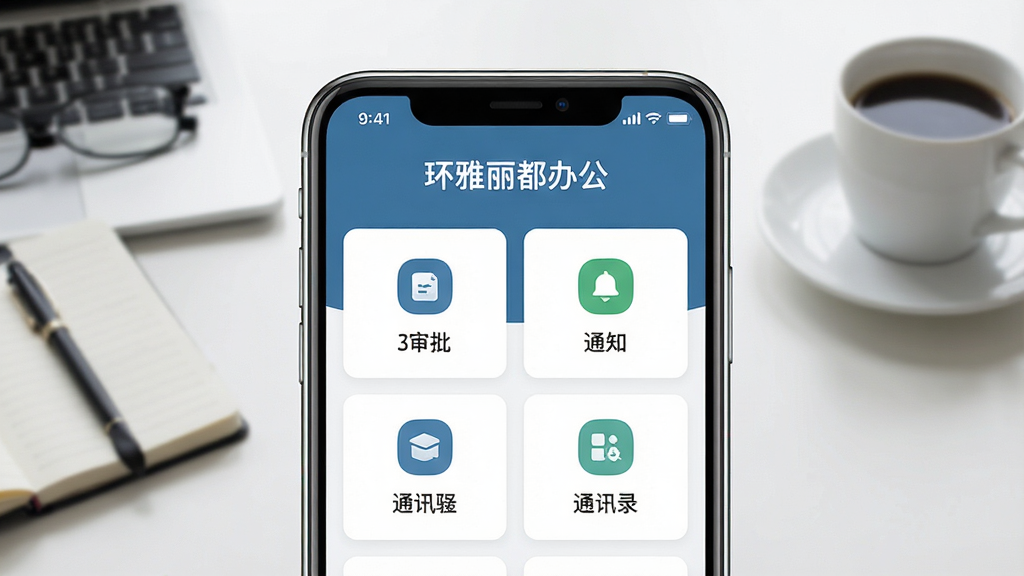画面中央放置一部智能手机,屏幕上展示“环雅丽都办公”应用主界面,界面包含审批、通知、通讯录等模块图标,背景为现代办公桌面,布局采用居中构图,排版简洁清晰,风格为扁平化商务科技风,细节上手机边缘有轻微高光,桌面有笔记本和咖啡杯点缀,画质为高清2K,干净明亮,无多余元素
