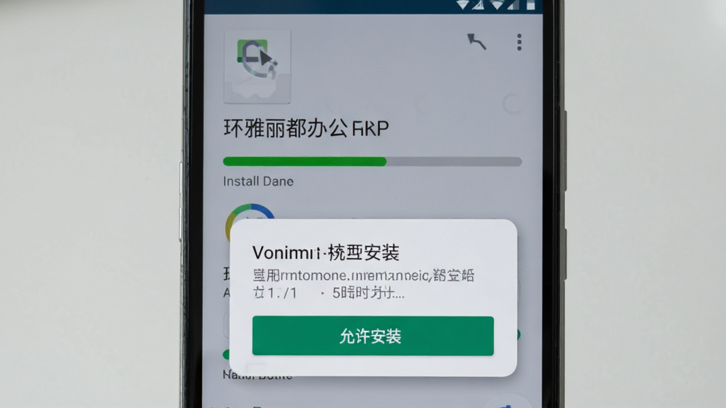 画面展示一部安卓手机正在安装“环雅丽都办公”APK文件,屏幕显示安装进度条与权限确认弹窗,布局为手机特写居中,排版简洁,风格为写实科技风,细节上包含“允许安装”按钮高亮,画质清晰,干净无杂乱背景
