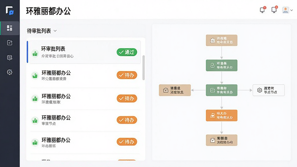 画面展示“环雅丽都办公”审批流程界面,左侧为待审批列表,右侧为流程节点示意图,布局采用左右分栏,排版工整,风格为简约商务风,细节上包含绿色通过标识和橙色待办标识,画质清晰,干净无杂乱元素