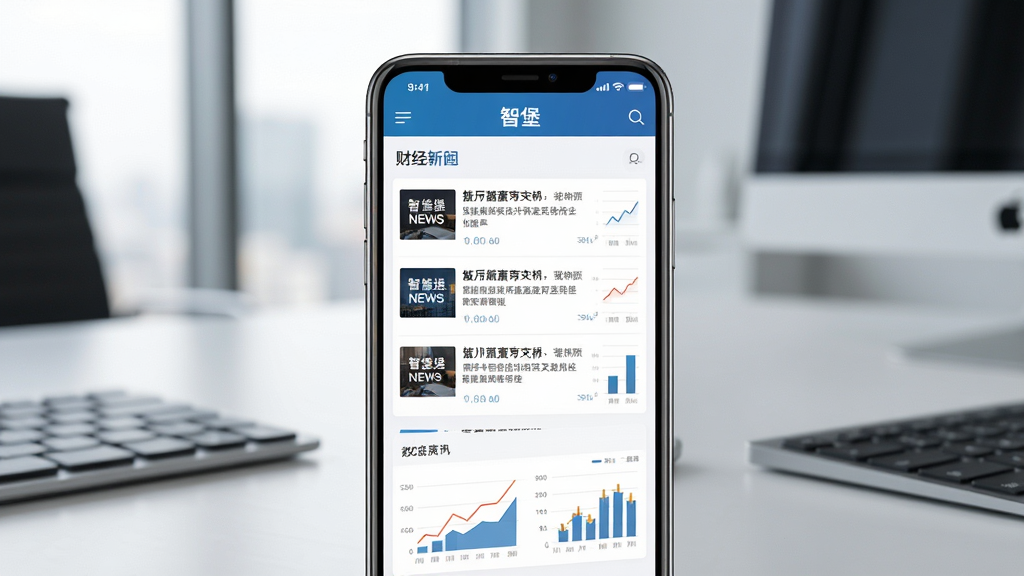 一张展示智能手机的图片,手机屏幕显示智堡应用的主界面,界面中包含财经新闻列表和图表数据,背景是现代办公桌面,布局为手机居中,排版简洁,风格商务专业,细节包括手机边缘反光、屏幕清晰,画质高清,干净,无多余元素