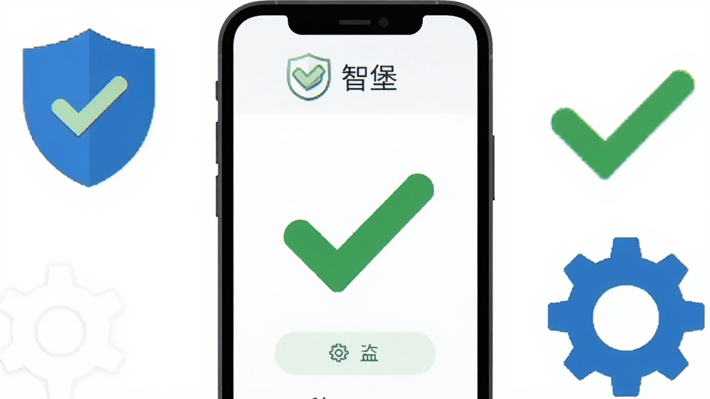 一幅AI生图,主体是手机屏幕显示智堡应用正常运行,旁边有盾牌和齿轮图标象征安全与设置,布局为手机居中、图标环绕,排版平衡,风格扁平化设计,细节包括绿色对勾和蓝色齿轮,画质清晰,干净,无多余元素