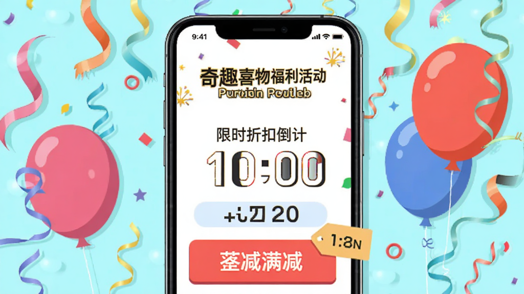 奇趣喜物福利活动页面展示,手机屏幕中显示限时折扣倒计时和满减标签,背景有彩带和气球装饰,促销氛围浓厚,扁平化设计风格,色彩鲜艳明快,构图居中,画质干净,无多余元素