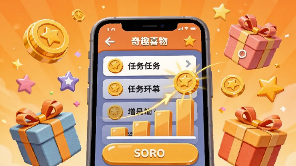 奇趣喜物趣味互动场景插画,画面中心是手机屏幕显示任务列表和金币增长动画,屏幕周围漂浮着金币、礼盒、星星等元素,背景为暖橙色渐变,卡通风格,构图饱满,细节丰富,画质清晰干净,无多余元素
