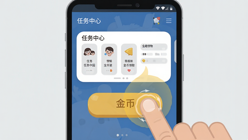 奇趣喜物安卓手机操作示意图,画面展示手机屏幕中任务中心页面和金币领取按钮,手指点击屏幕的动画效果,背景简洁浅灰色,扁平化风格,细节清晰,画质干净,无多余元素