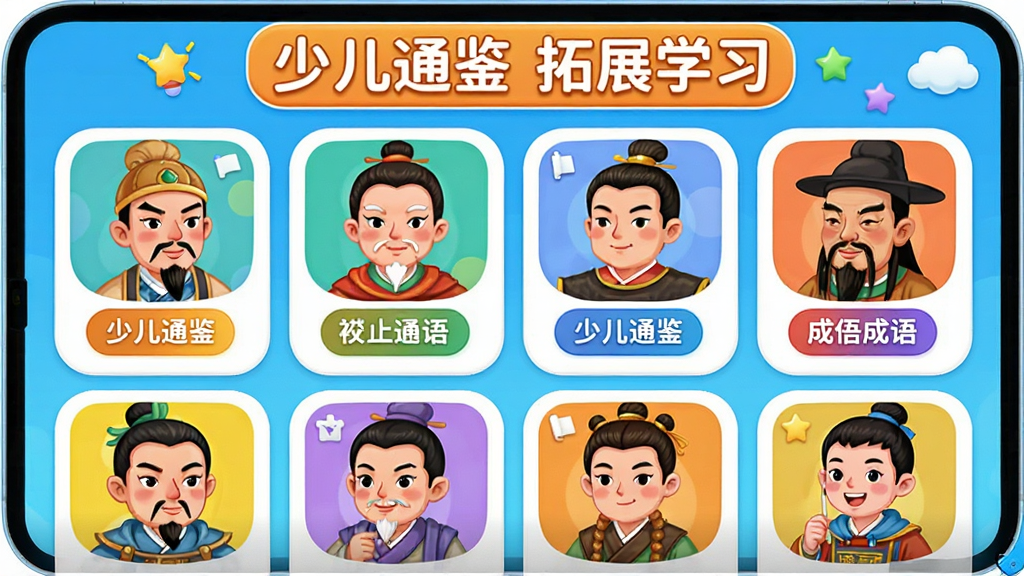 主体为少儿通鉴APP的知识拓展板块界面,布局为卡片网格排列,画面中展示多个历史人物头像与成语标签,排版上方有“少儿通鉴”拓展学习标题,风格为明亮活泼的儿童教育风,细节包括卡片圆角设计与彩色图标,画质高清、干净、无多余元素