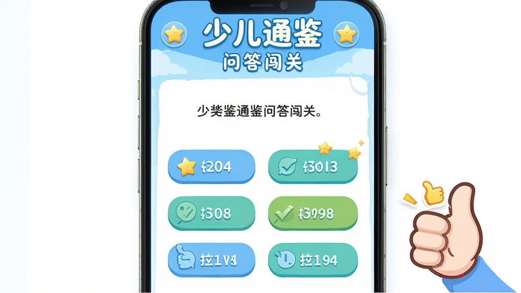 主体为少儿通鉴APP的问答界面,布局为竖屏居中,画面中有题目文字与四个选项按钮,排版上方显示“少儿通鉴”问答闯关字样,风格为清新教育类UI设计,细节包括星星奖励图标与卡通人物点赞手势,画质高清、干净、无多余元素
