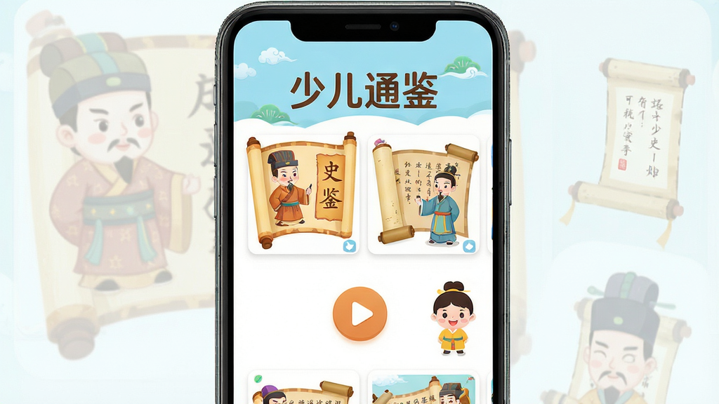主体为一部智能手机屏幕展示少儿通鉴APP的首页界面,界面中有卡通风格的中国古代人物与卷轴元素,布局采用居中构图,上方有软件名称“少儿通鉴”字样,排版简洁清晰,风格为儿童教育类扁平插画风,细节包括屏幕内展示历史故事卡片、播放按钮与卡通小人,画质高清、干净、无多余元素